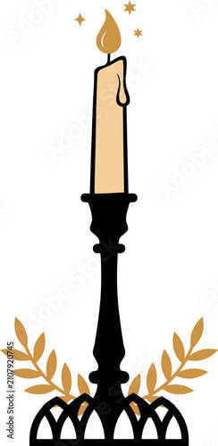 Candle burning with golden leaves in a black candlestick vector illustration