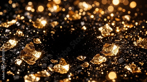 Dense golden glitter dust filling a black background luxury festive sparkling texture background overlay