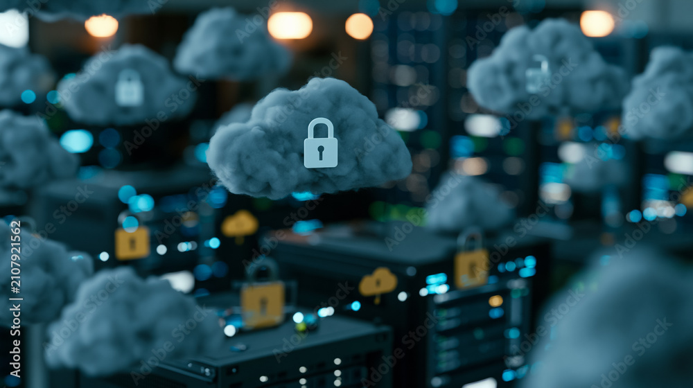 Fototapeta premium Secure Cloud Computing Network with Padlock Icons, Data Protection and Server Security Concept