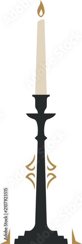Candle in ornate black candlestick with golden accents burning brightly in soft light vector illustration