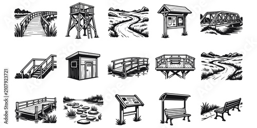 Park nature trail icons, bridge, tower, path, signboard, stairway, shed, platform, dock, stones, bench, seating, flat vector illustration