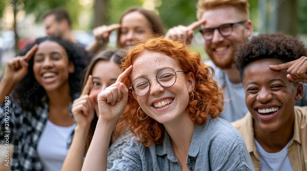 Obraz premium Big Forehead Day: a diverse group of friends laughing together, all playfully pointing at their foreheads, celebrating a quirky holiday, natural outdoor lighting, park background softly blurred