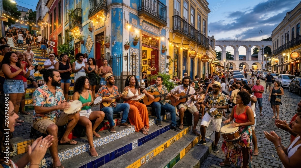Fototapeta premium Vibrant afternoon scene of community musicians performing acoustic guitars and drums on historic town street square stairs