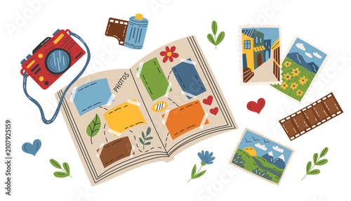 Retro camera, photoes and photo album memories cliparts isolated on a white background3. Vector photo objects set illustration.
