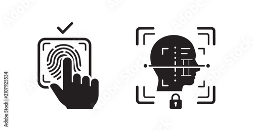 Biometric security authentication icons including fingerprint scanning and facial recognition technology for user identity verification and access