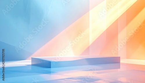 Abstract geometric display pedestal bathed in vibrant, contrasting light