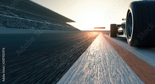 Race car speeds down track at sunset, stadium stands filled