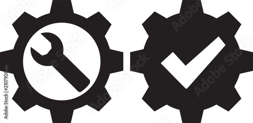 Maintenance and system verification vector icons pack showing mechanical gear components with wrench and checkmark symbols for industrial configuration and optimization tasks display.