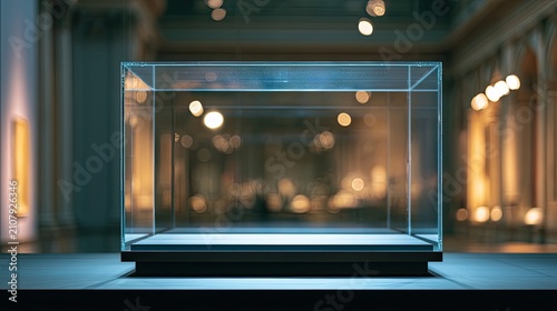 Empty glass display case in a softly lit, elegant museum hall