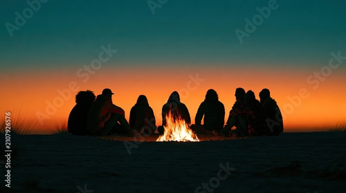Silhouettes of people around a campfire at sunset, beach