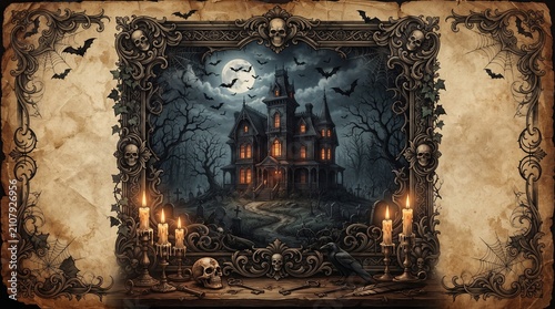 Vintage Halloween background with an old parchment texture, Victorian haunted mansion, candle glow, bats, skull ornaments, and gothic decorative borders, 8k.