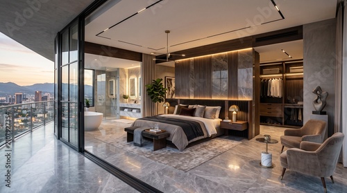 Luxury master suite featuring a private balcony overlooking the city skyline during sunset with an attached spa bathroom and walk in closet space for a comfortable lifestyle in a premium dwelling