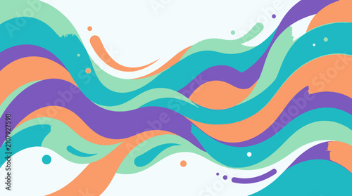 Abstract colorful flowing waves and splashes background in vibrant teal, purple, and orange colors