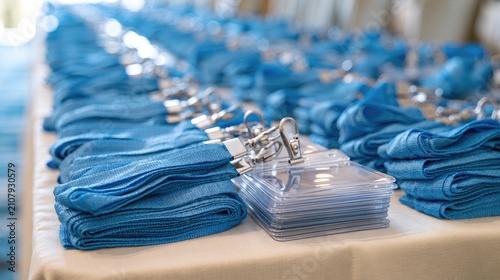 Rows of blue lanyards with clear badge holders stacked neatly