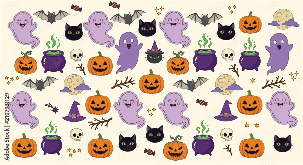 Fototapeta premium Cute seamless pattern background with cartoon ghosts, pumpkins, black cats, witch cauldrons, and bats for Halloween celebration.