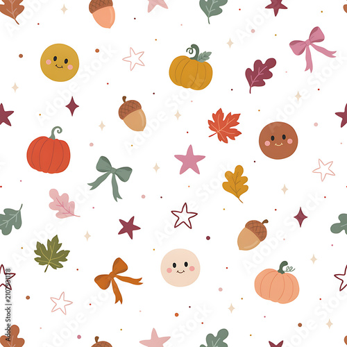 Cute autumn seamless pattern with smiling elements, pumpkins, acorns, bows and fall leaves, vector background