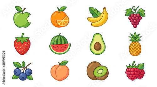Collection of Fresh Fruits Icons Vector Illustration.