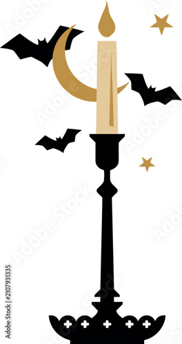 Candlestick with moon and bats during Halloween night in vector illustration style