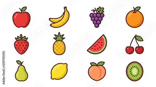 Canvastavla Collection of Fresh Fruits Icons Vector Illustration.