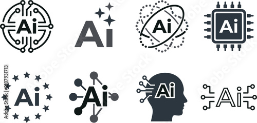 Artificial intelligence Ai technology icon set featuring network nodes human brain circuit microchip and cybernetic computing vector elements.