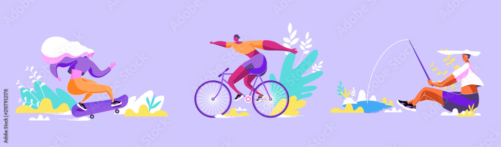 Fototapeta premium Playful hobby activity cycling skateboarding fishing vector distorted illustration