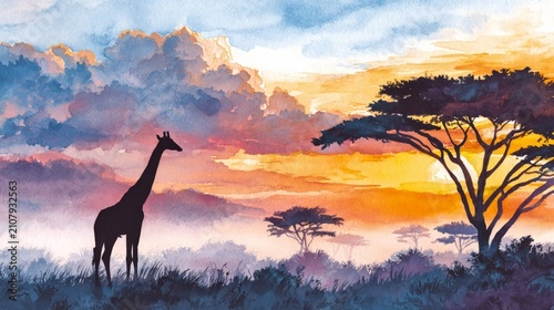 A silhouette of a giraffe against a vibrant sunset backdrop. This stunning watercolor style piece captures the beauty of nature. Perfect for wildlife and scenery lovers. AI
