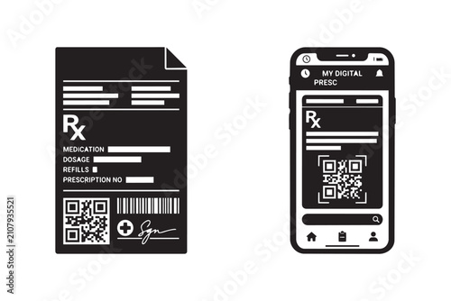 Digital prescription icons featuring a paper document and mobile application for modern healthcare clinic services