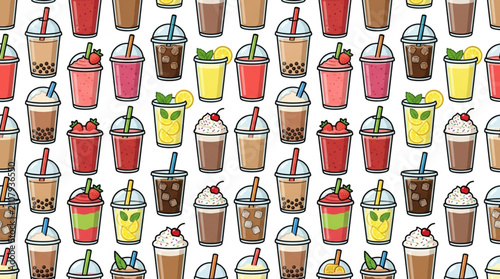 Photography Colorful bubble tea drinks in plastic cups with straws pattern.