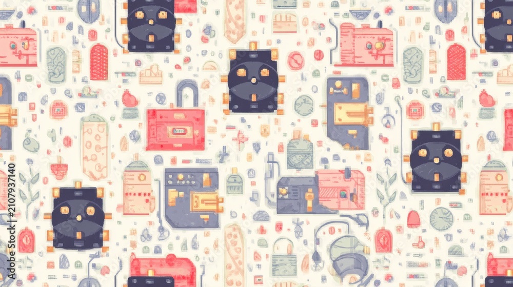 Fototapeta premium Abstract Digital Illustration Featuring Electronic Devices, Circuitry, and Technology Elements in Soft Pastel Colors