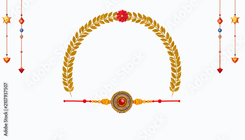 Raksha bandhan frame with golden rakhi and floral laurel wreath