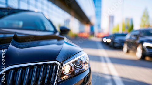 Black luxury SUV car front view with headlights on in urban setting with modern glass buildings and elevated highway
