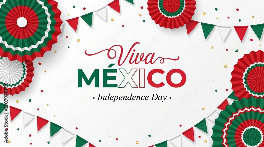 Obraz premium Viva Mexico Independence Day celebration background, festive Mexican flag colors bunting and paper fans, patriotic holiday vector illustration