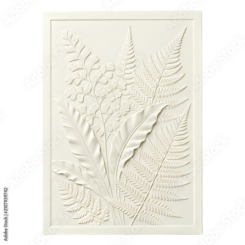 Cuadro en lienzo White fern leaves and botanical fronds relief panel