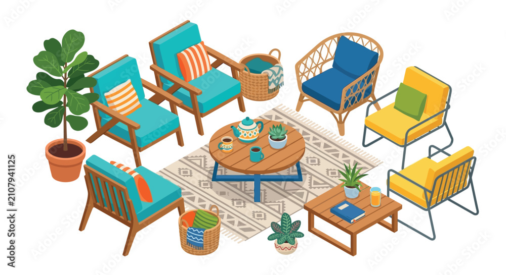 Fototapeta premium Isometric living room furniture arrangement vector illustration with white background