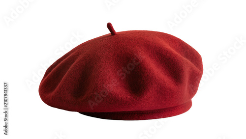 Foto Deep red felt beret with a small stem, isolated on transparent background