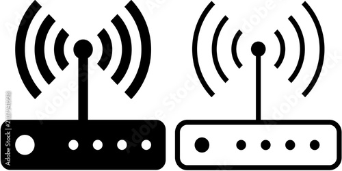 Fotografía Black wireless router icon set isolated on a white background, featuring both solid and outline styles with a central antenna and radio signal waves