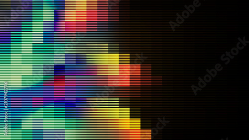 Abstract digital background with colorful pixel blocks, horizontal scanlines, glowing gradients, mosaic pattern, glitch effect, and vibrant geometric design on a dark backdrop