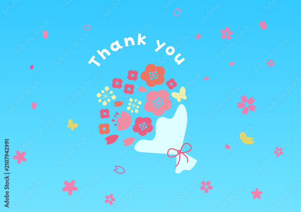 Obraz premium 花束とありがとうのメッセージ 春の花イラスト 母の日や感謝のデザイン素材/Thank you message with floral bouquet illustration for spring greeting card and Mother’s Day design