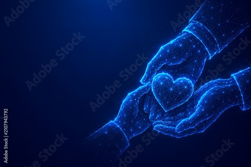 Digital glowing wireframe hands gently holding a small heart symbol. national girlfriends & valentine's day with wireframe abstract technology. national girlfriends & valentine's day