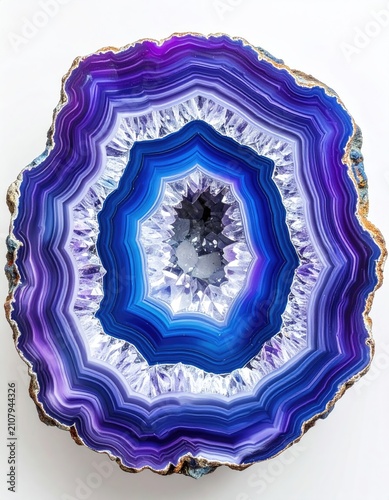 Vibrant amethyst and blue agate slice with crystalline geode center