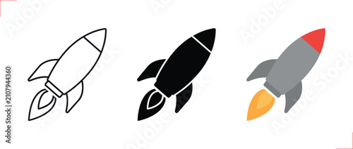 Rocket icon set for launch and startup design. Includes outline, black, and color variations. Perfect vector for space, growth, and innovation concepts.