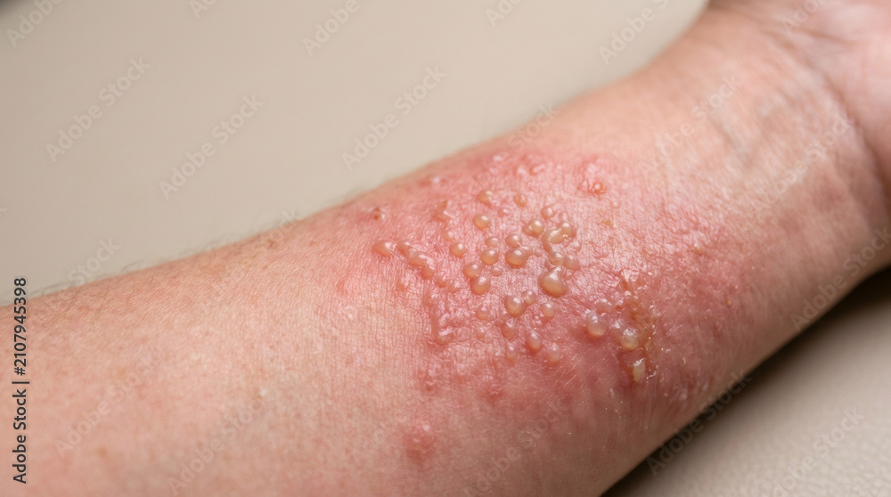 Fototapeta premium Skin rash with small blisters on man arm. Allergic reaction or contact dermatitis close up. Healthcare and dermatology concept for diagnosis and treatment of skin condition or disease.