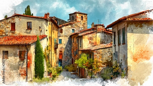 Charming old village with cobblestone streets and rustic stone buildings. This picturesque scene captures the essence of historic architecture and beautiful nature. A perfect escape. AI