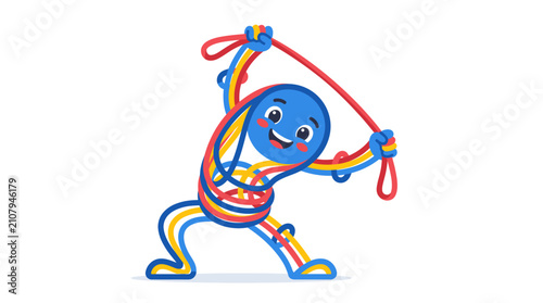 Playful character stretching with colorful resistance bands