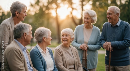 Joyful elderly friends gathered in park, sharing laughter and stories during sunset. Seniors engage in meaningful conversations surrounded by nature, creating memories in the golden hour.
