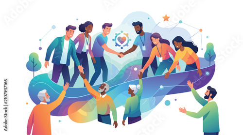 Diverse group of people collaborating and building community together.