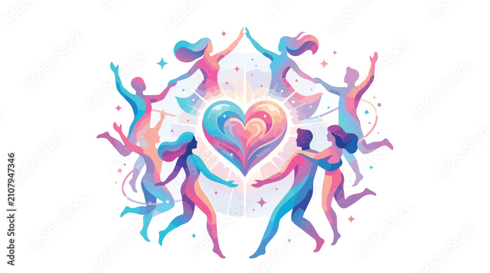 Obraz premium Abstract illustration of diverse people dancing around a colorful glowing heart.
