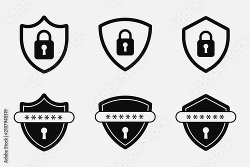 Cybersecurity icon set with shields, padlocks, and password fields. Perfect for UI/UX, website login, app privacy, and data protection designs.