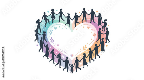 Diverse group of people holding hands forming a large heart shape.