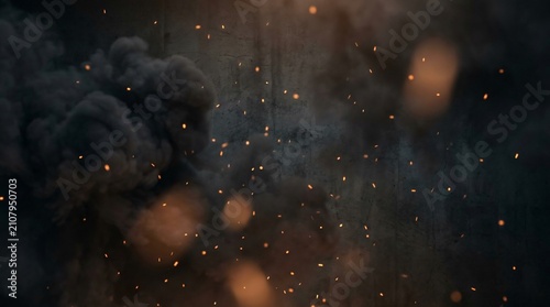 Dynamic dark smoke and glowing embers background with floating particles creating a dramatic and mysterious atmosphere